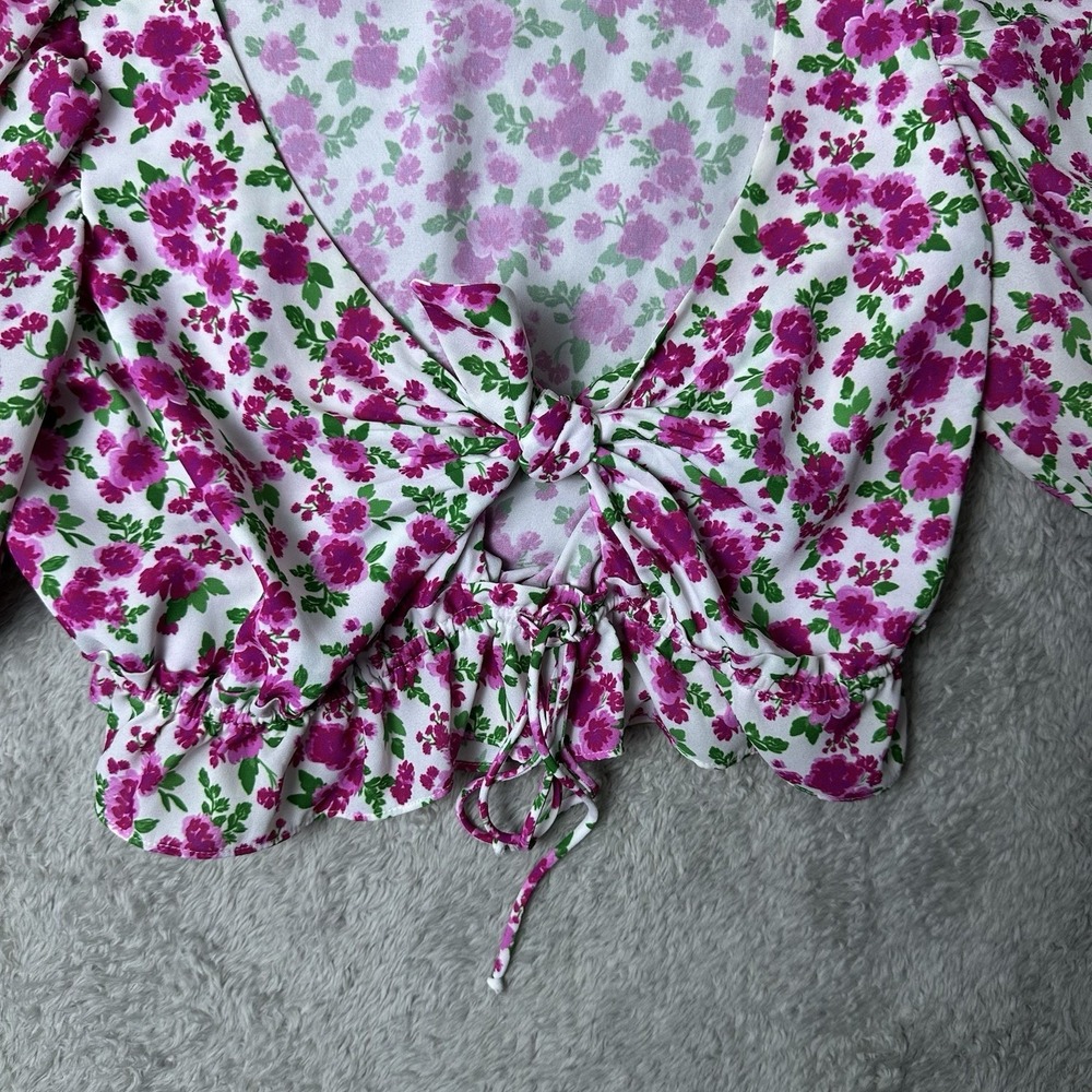 For Love & Lemons Womens S Crop Top Floral Puff Sleeve Smocked Hem Cottagecore - Picture 10 of 11